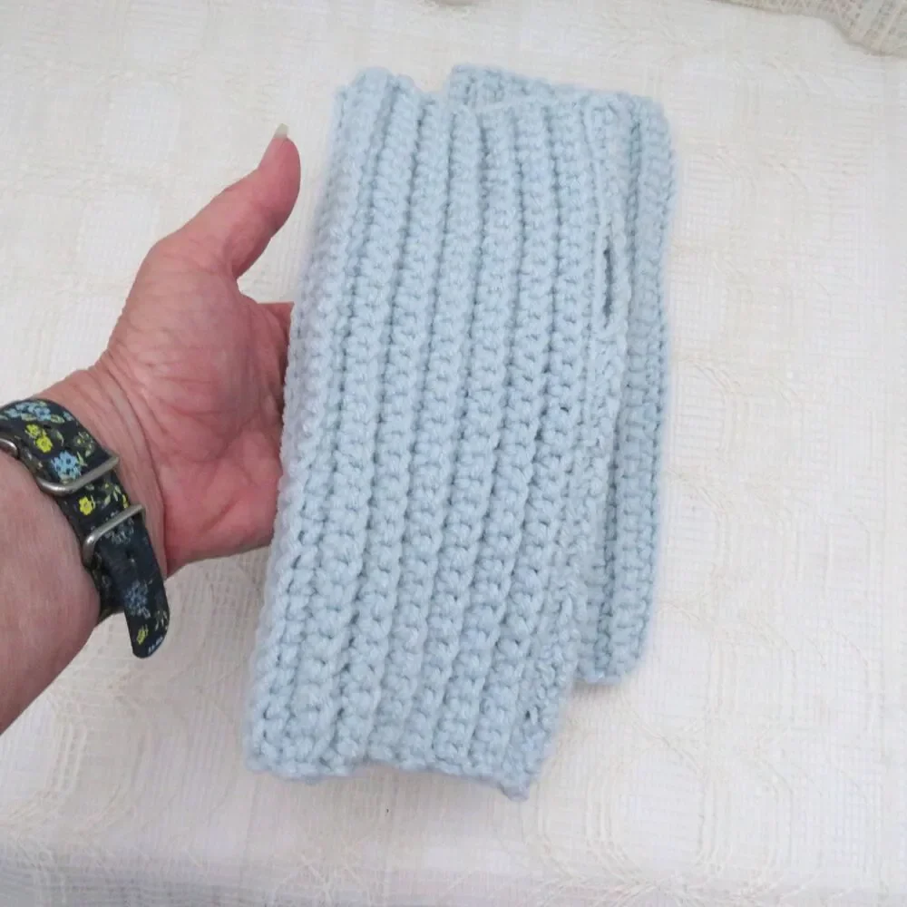 Handmade Crocheted Fingerless Gloves, Pale Aqua Acrylic Mittens for Women